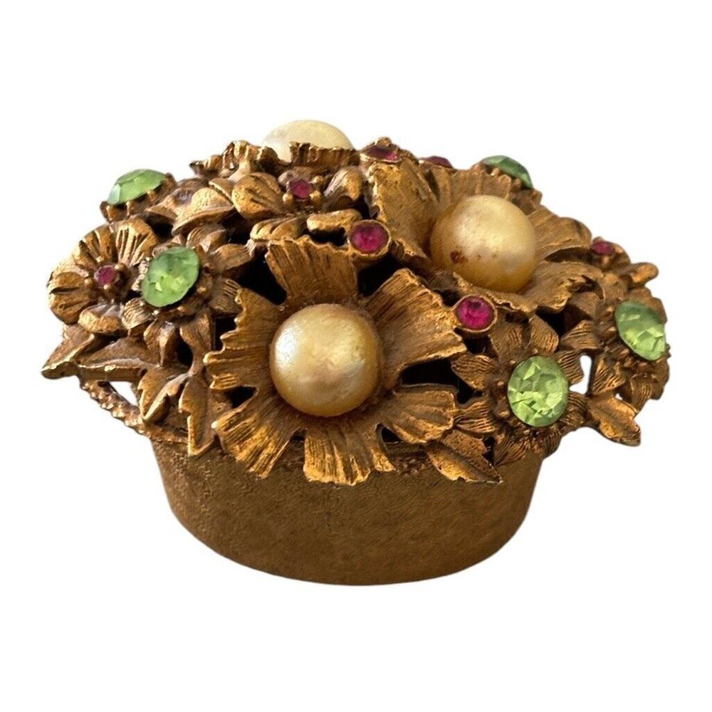 Vintage FLORENZA Trinket Jewelry Box Pink Green Rhinestone Gold Tone